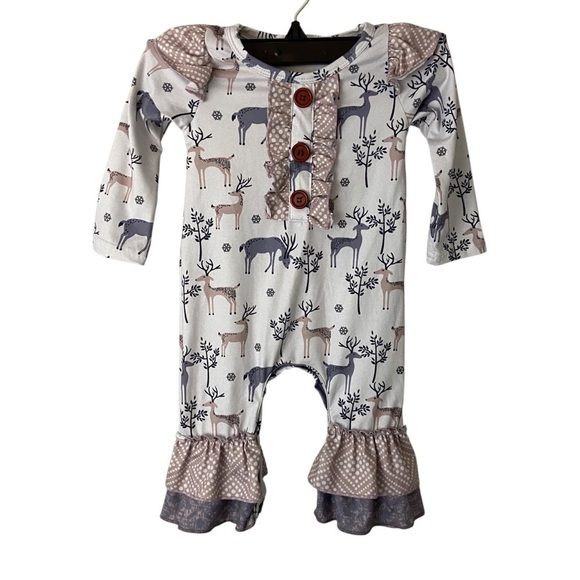 Deer Print Baby Girl Ruffled Romper One Piece Snap Closure Soft Material 6-12M - Picture 1 of 12